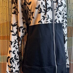 Two-Tone Floral Zip Hoodie Jacket - Black & Cream